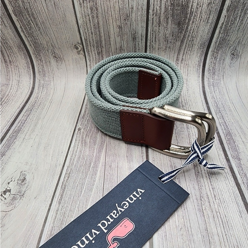 NWT Vineyard Vines Light Blue-Green Woven Belt with Brown Leather Accents